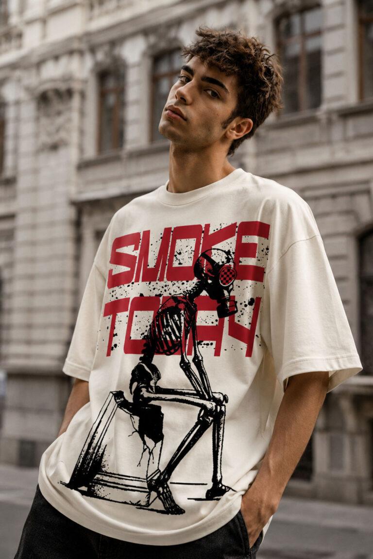 Premium oversized cream graphic t-shirt for men featuring Smoke Today skeleton gas mask artwork with bold streetwear print.