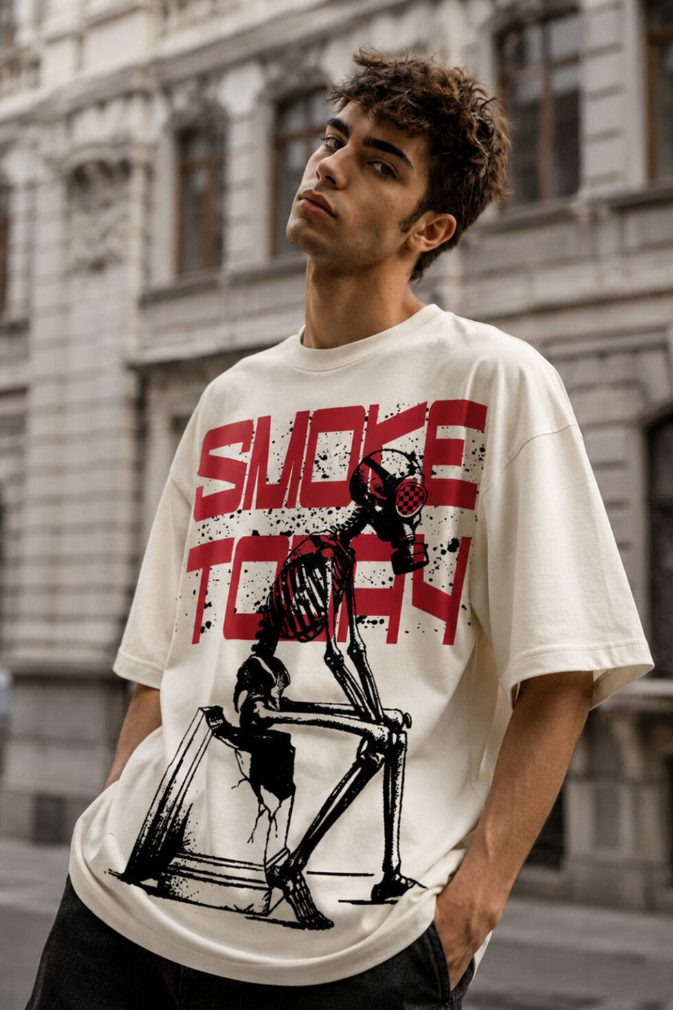 Premium oversized cream graphic t-shirt for men featuring Smoke Today skeleton gas mask artwork with bold streetwear print.