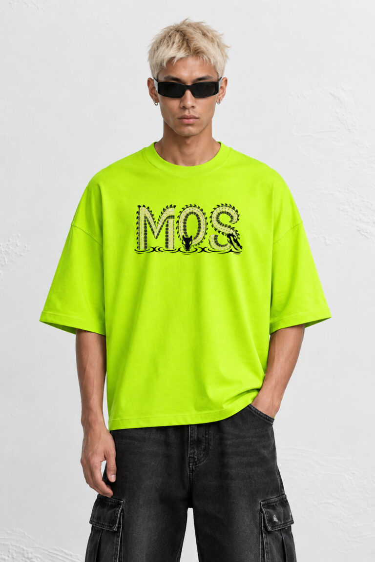 Neon green MOS oversized T-shirt with crocodile graphic back print and front logo