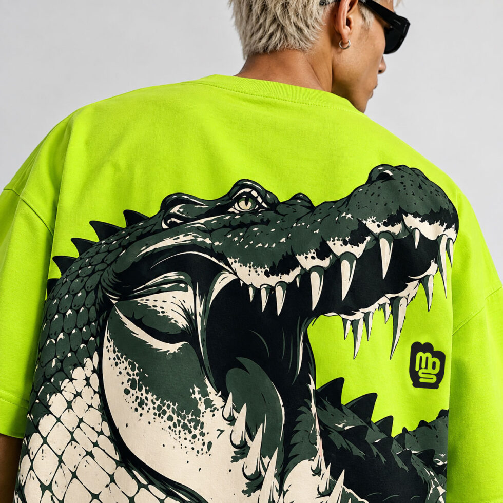 Neon green MOS oversized T-shirt with crocodile graphic back print and front logo