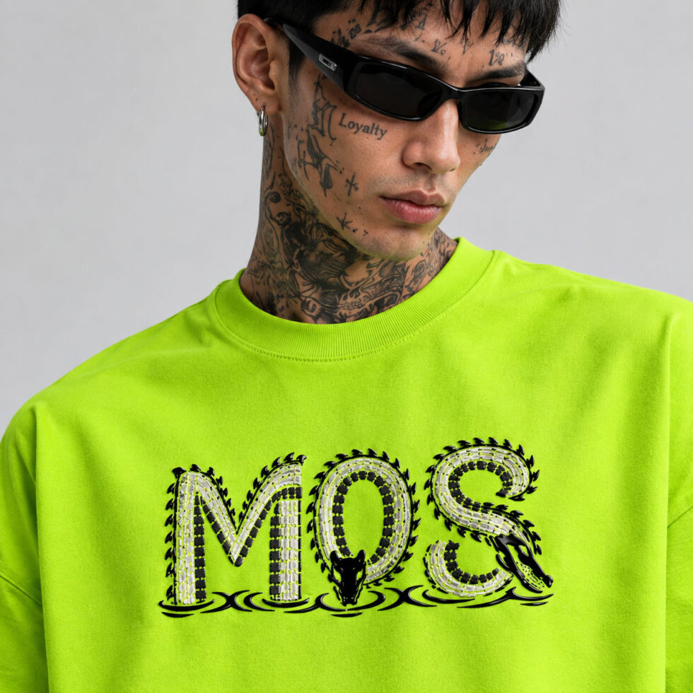 Neon green MOS oversized T-shirt with crocodile graphic back print and front logo